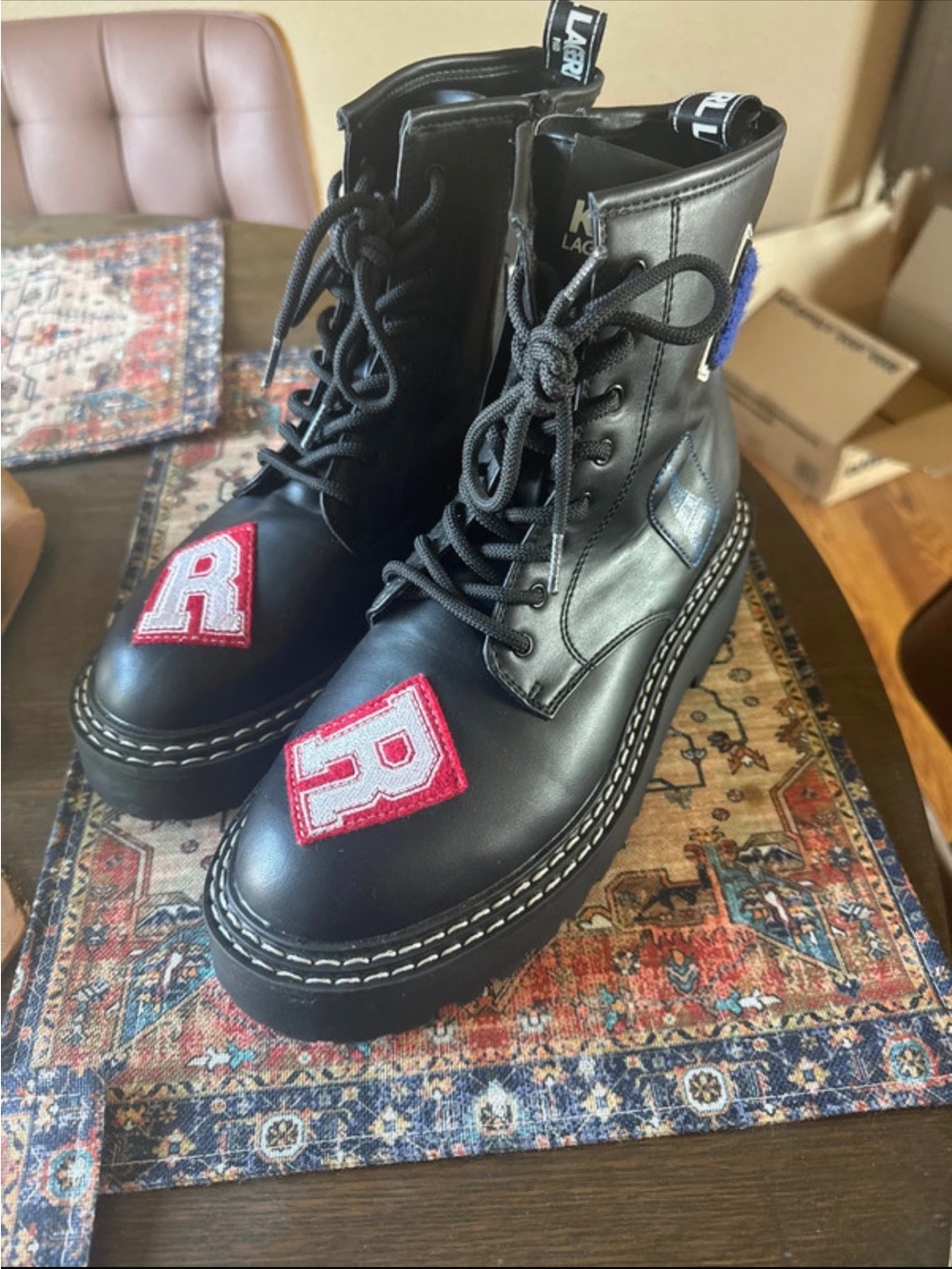 Karl Lagerfield side zip Black Faux Leather Lace-Up Boots with Letter Patches